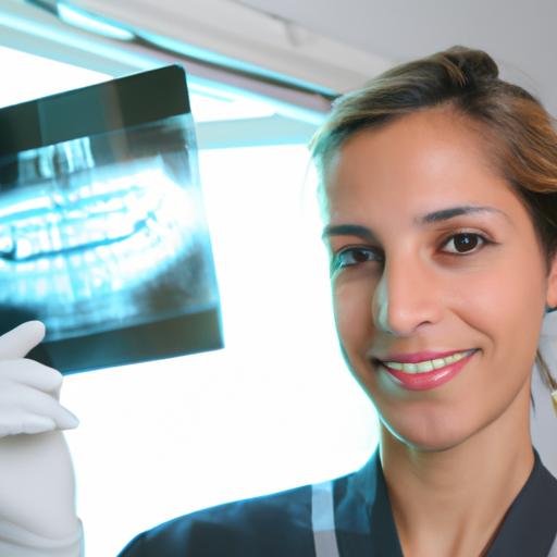 A dentist holding a dental x-ray film to examine a patient's teeth