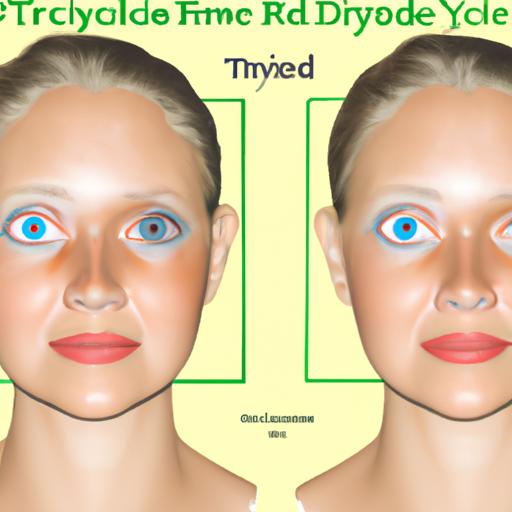 A side-by-side comparison of a normal eye and an eye affected by underactive thyroid eye disease, showing the visible differences in appearance.